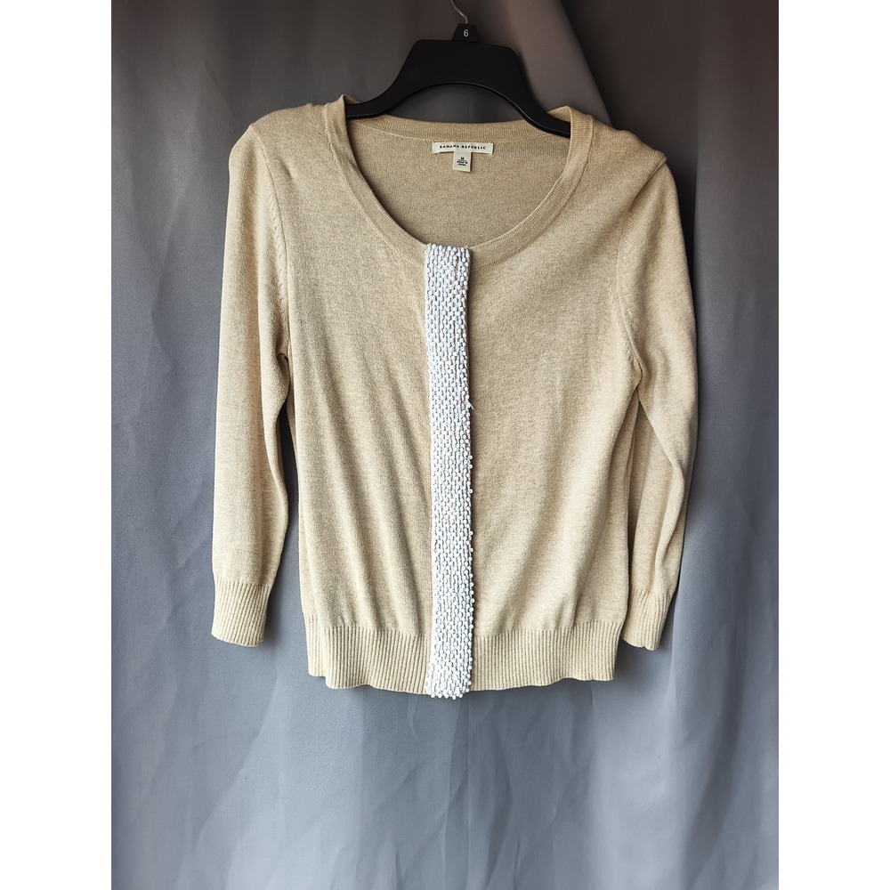 Banana Republic Womens Gold Beaded Accent 3/4 Sleeve Knit Sweater Tan Medium